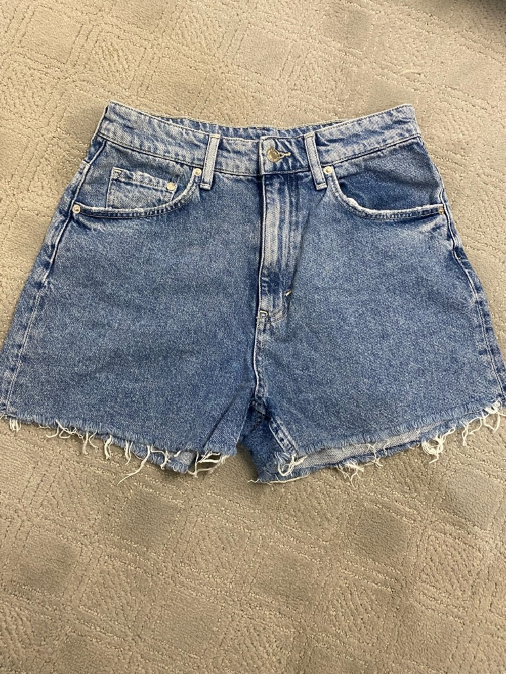 High-Rise Blue Denim Shorts with Frayed Hem